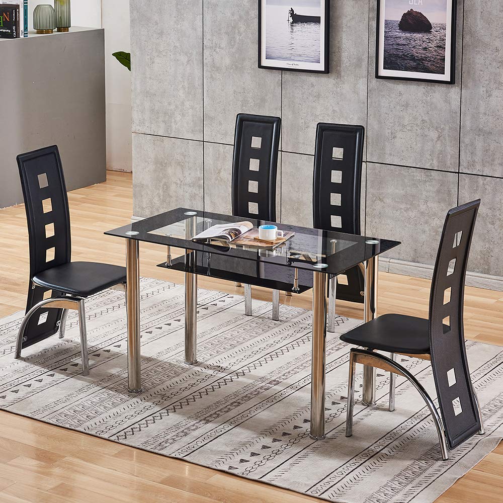 5 Pieces 1 Table 4 Chairs Huisen Furniture Modern Black Glass Dining Table And Chairs Set Of 4 Faux Leather Kitchen Chairs Glass Tempered Table Rectangular For 4 People Dining Room Furniture
