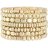 Sajidos Gold Plated Beaded Bracelets for Women Trendy, 14K Gold Plated Stack Cross Pearl Gold Plated Bead Stretch Bracelets Set Elastic Hypoallergenic Bracelets Jewelry Gifts