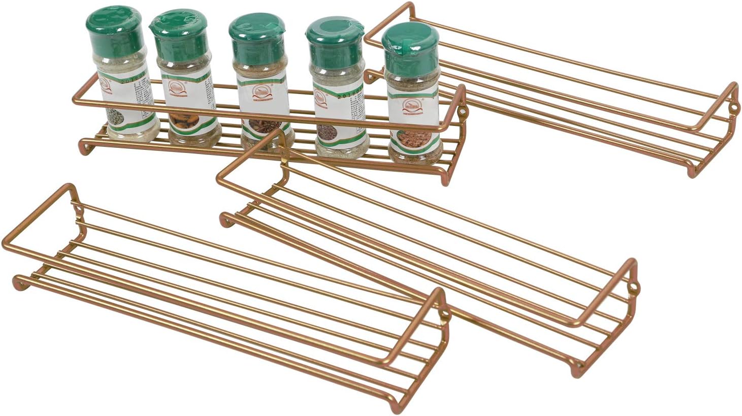 Asense 4 Pack Wall Mount Hanging Single Tier Spice Racks Organizers, Hanging Racks for Cabinet or Pantry Door, Under Cabinet, Metal, Bronze Gold Color