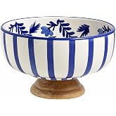 Mud Pie Blue Ceramic Pedestal Bowl, Decorative Fruit and Serving Bowl | Blue Ceramic Pedestal Bowl For Fruit Serving Centerpieces And Home Decor
