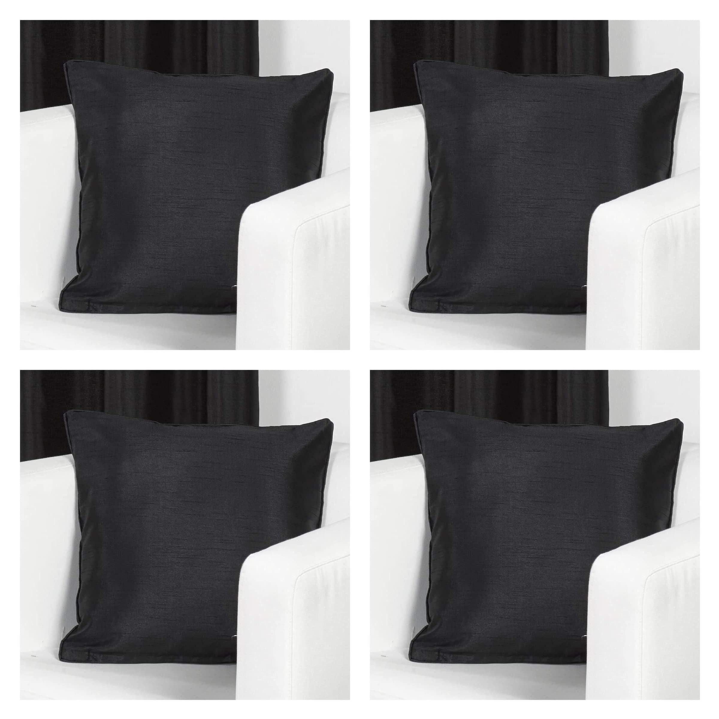 Set of 4 - Cushion Covers Shop - Faux Silk Plain Satin Home Decor 18x18" / 45x45cm (Black)