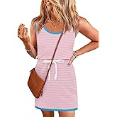 Yousify Womens Summer Sleeveless Striped Dress Drawstring Waist Casual Tank Mini Dresses with Pockets