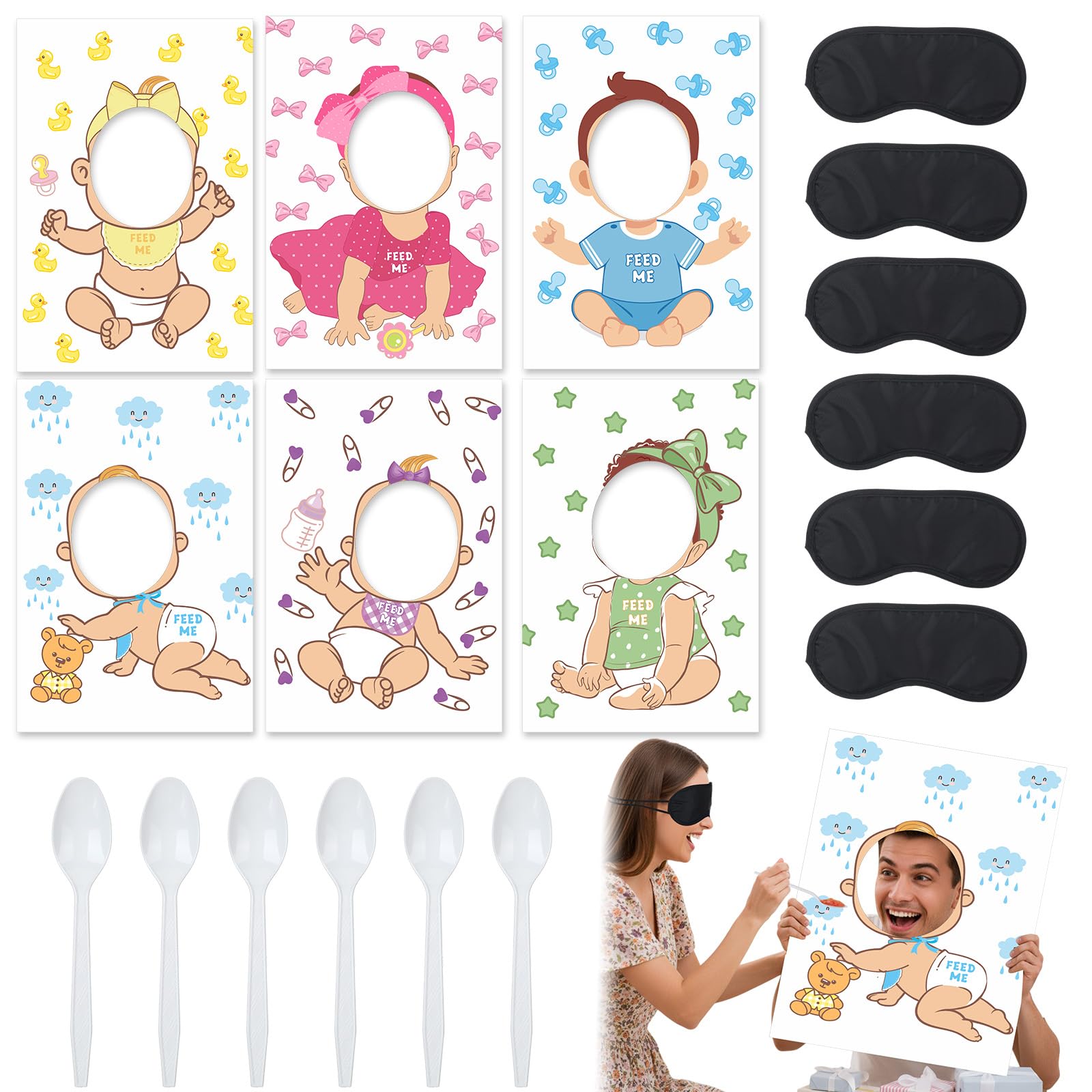 Photo 1 of Acellegic 6 Set Baby Shower Games for Blindfolded, Include Feed Me Boards with Blindfolded and Spoons Food Feeding Baby Shower Games for Gender Reveal Bridal Group Party Supplies