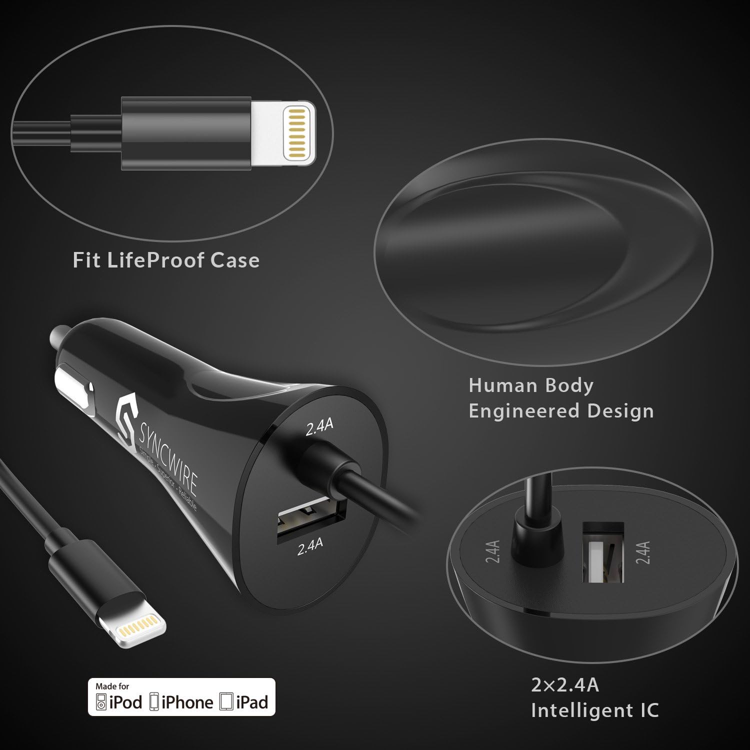 Syncwire iPhone USB Car Charger - Upgrade 4.8A/24W Car Charging Adapter with Built-in Coiled [MFI Certified] Lightning Cable for Apple iPhone 11/Xs/XS Max/XR/X/8/7/6s/6 Plus, iPad & More - Black