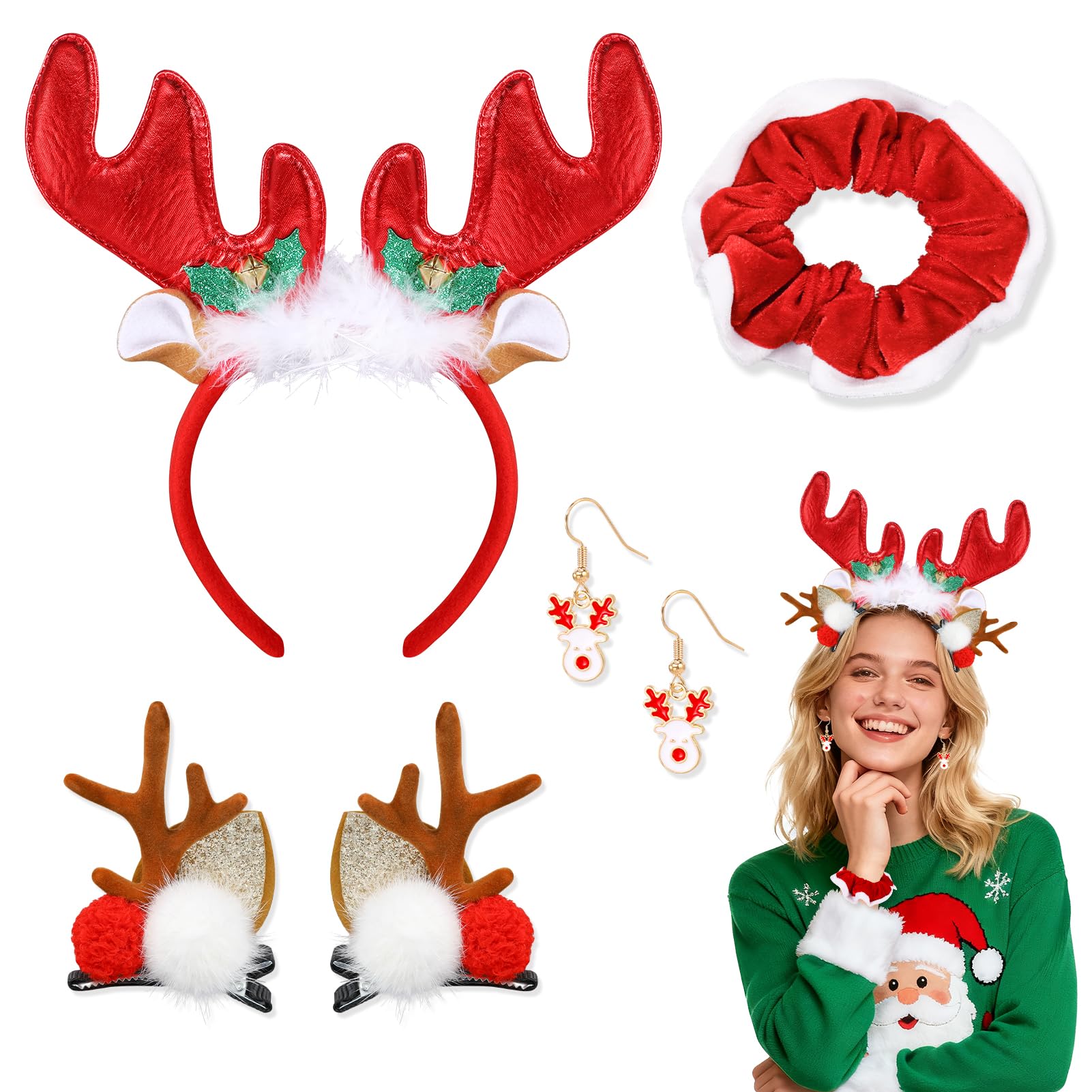 HOWAF Christmas Hair Accessories, Christmas Headband Hair Bands, Reindeer HairClip, Xmas Earrings Xmas Scrunchies HairBobbles Gifts Accessories