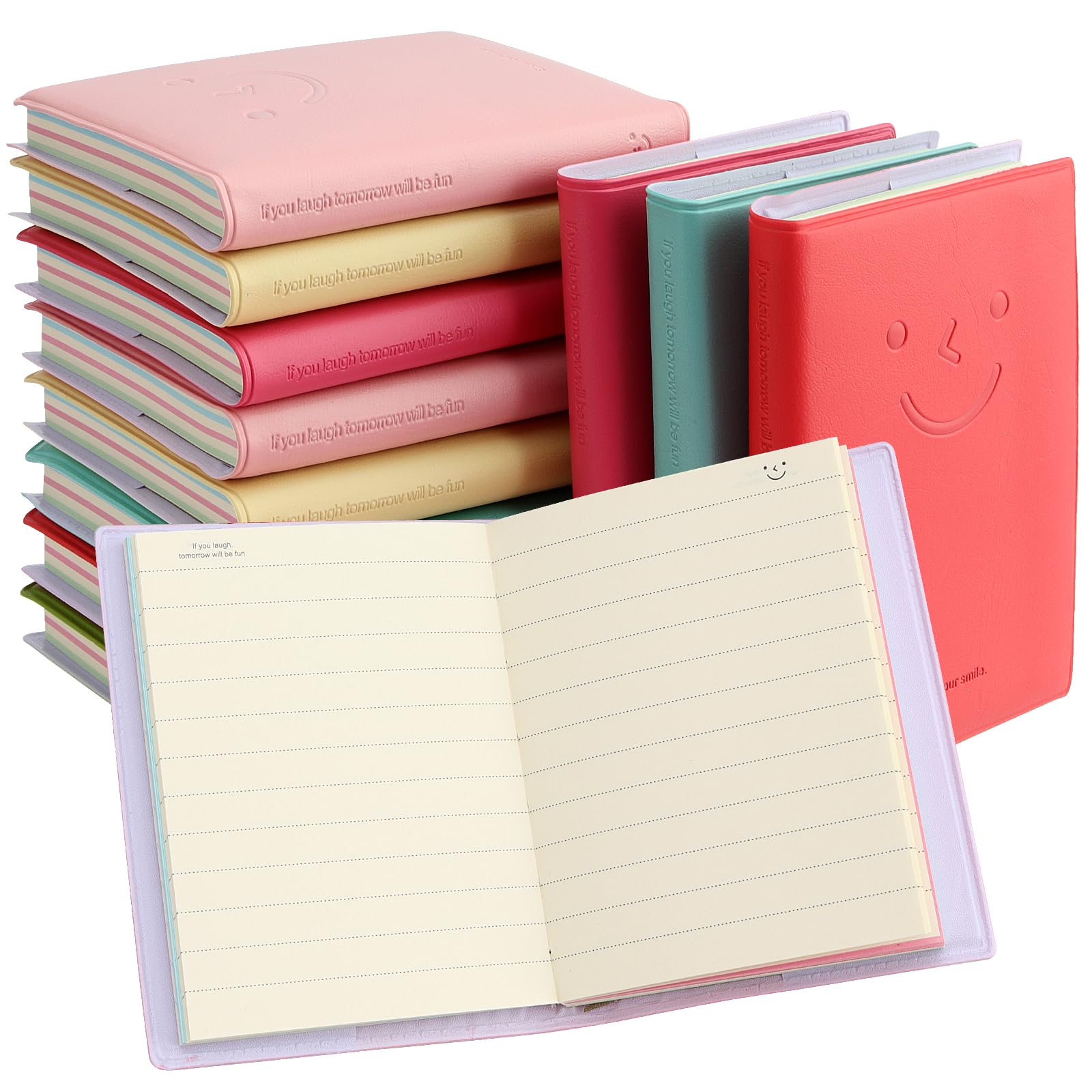 MOUYAT 12 Pack Mini Smiley Diary Notebook, 100 Sheets Pocket Notepad with Imitation Leather Cover, 6 Colours Small Notebook Memo Pads for Home Office School Travel, 8 x 10cm