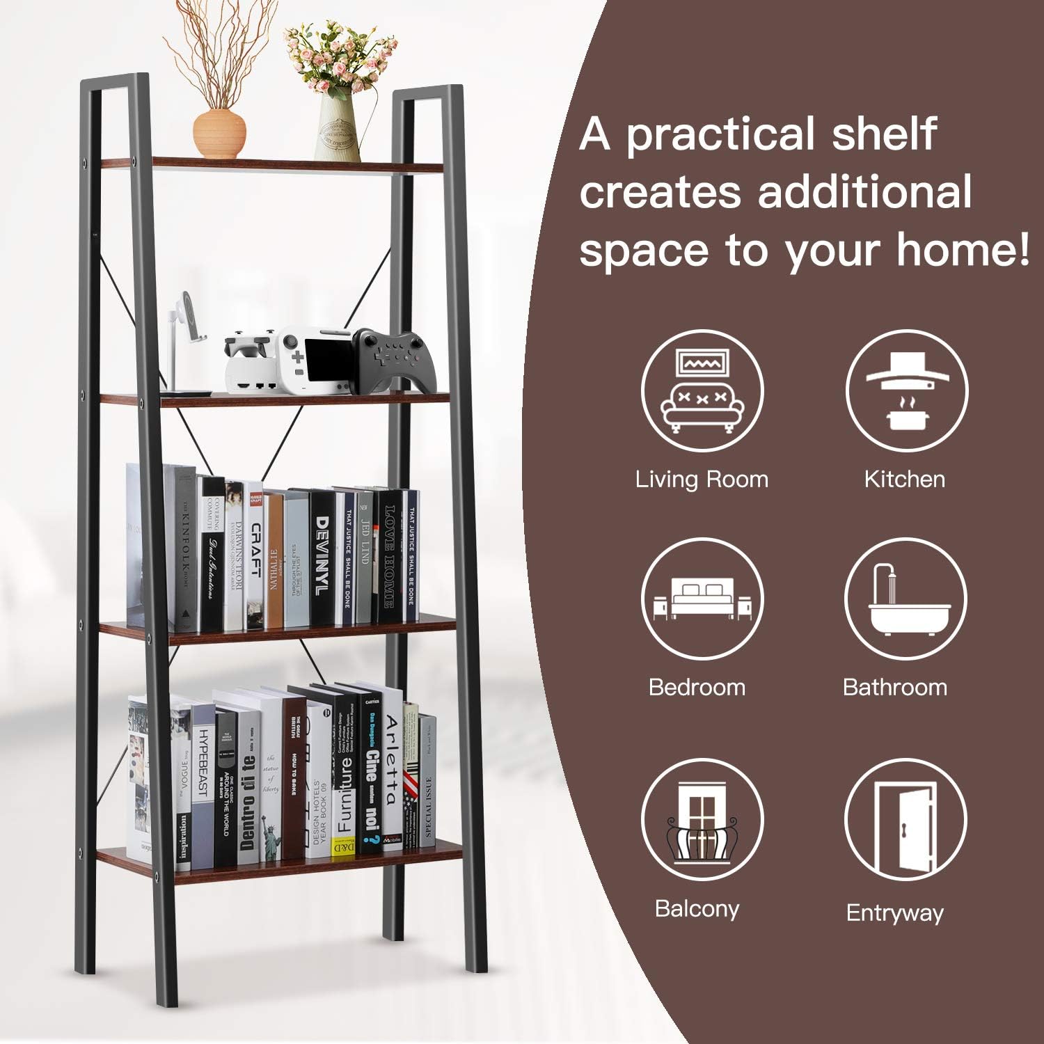 Industrial Ladder Shelf, 4-Tier Bookshelf, Free Standing Bookcase Storage Rack Shelves Plant Flower Stand with Wood Look for Living Room, Bedroom, Kitchen, Bathroom, Home Office, Balcony by Pipishell: Furniture & Decor