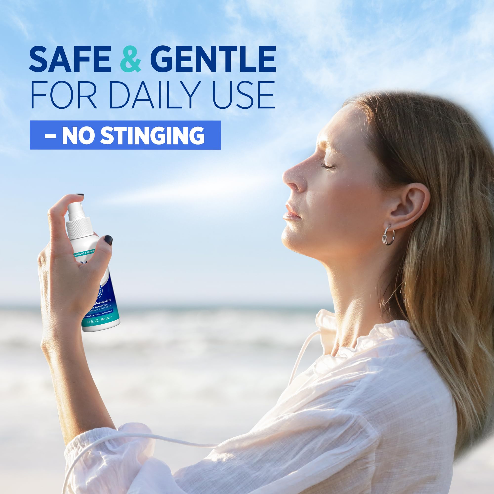 Stye Eye Treatment Relief Spray - Hypochlorous Acid Mist for Itchy, Dryness Eyelids & Makeup Removal - Eyelash, Eyelid Cleanser & Around Eye Wash Care with Natural Ingredients, Cotton Pads, Kids Safe