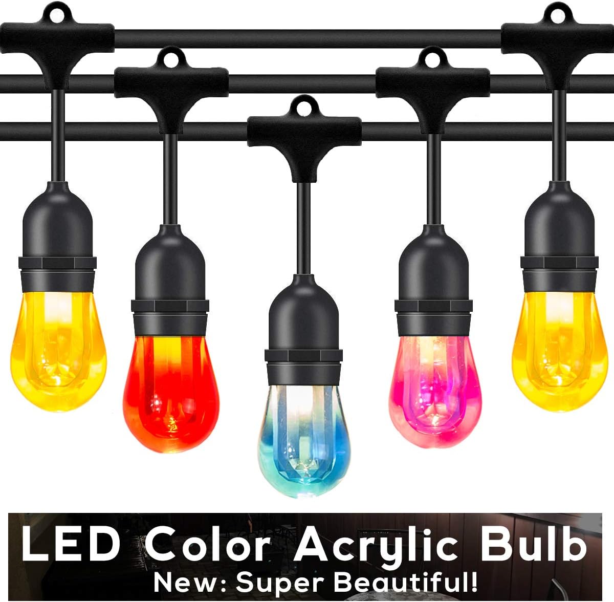 FOXLUX Outdoor LED Color String Lights - 48FT Shatterproof & Waterproof Colorful Outdoor Lights - 15 Hanging Sockets, 1W Plastic Bulbs - Decoration for Patio, Backyard, Garden, Bistro, Party, Hotel