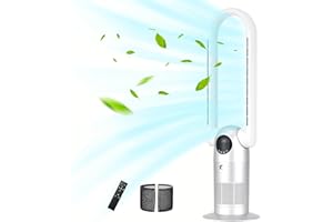 Ocean Loong Bladeless Tower Fan and Air Purifier in one, 90° Oscillating Bladeless Fan with Remote, Touch,Tilt Head, 9H Timer, Floor Fans for Bedroom Home, 38.6inch AC68P (Silver)