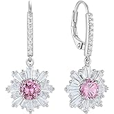PYNZY Sunshine Dangle Drop Earrings for Women, Sterling Silver Halo Leverback Earrings Birthstone Jewelry for Gifts