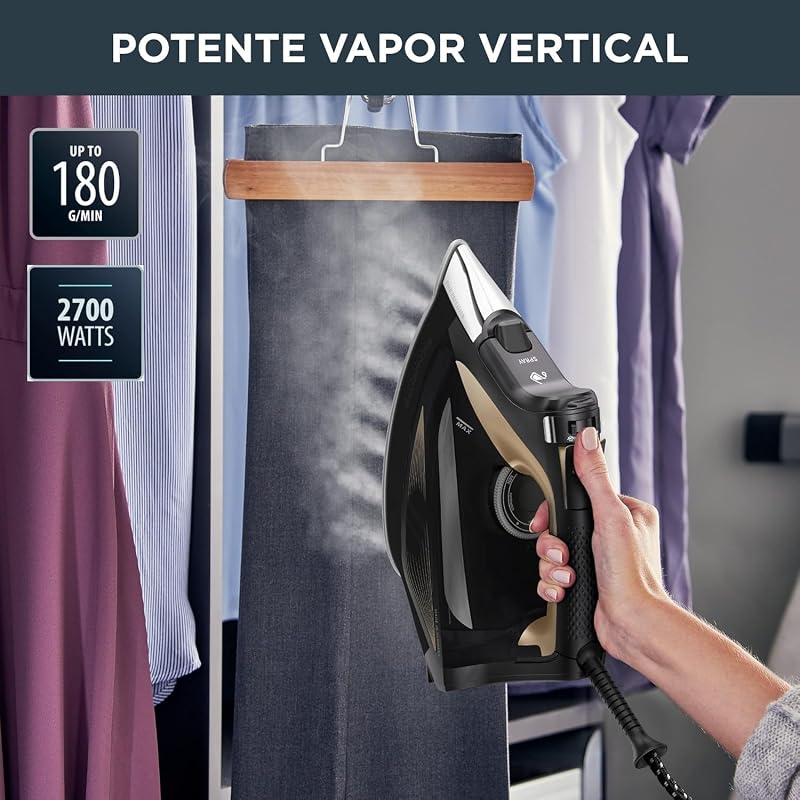 Rowenta focus excel dw5325 ferro a vapor 2700 w, impulso de vapor 180 gr/min, vapor contínuo 45 gr/min, base microsteam laser 400, anti-gotejamento, função eco, vapor vertical, economia de energia, preto marrom