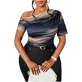 RoseSeek Women's Plus Size Off Shoulder Tops Tie Dye Short Sleeve Ruched T Shirt Slim Fit Elegant Tees