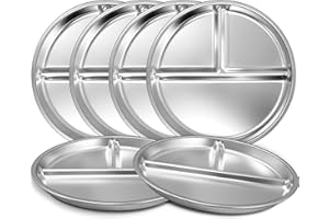 EWFEN Stainless Steel Toddler Plate Set of 6, 9" Portion Control Plates Divided Plate for Adults Kids Balance Lunch, Non Slip | Unbreakable Toddler Baby Feeding Set Dishwasher Safe