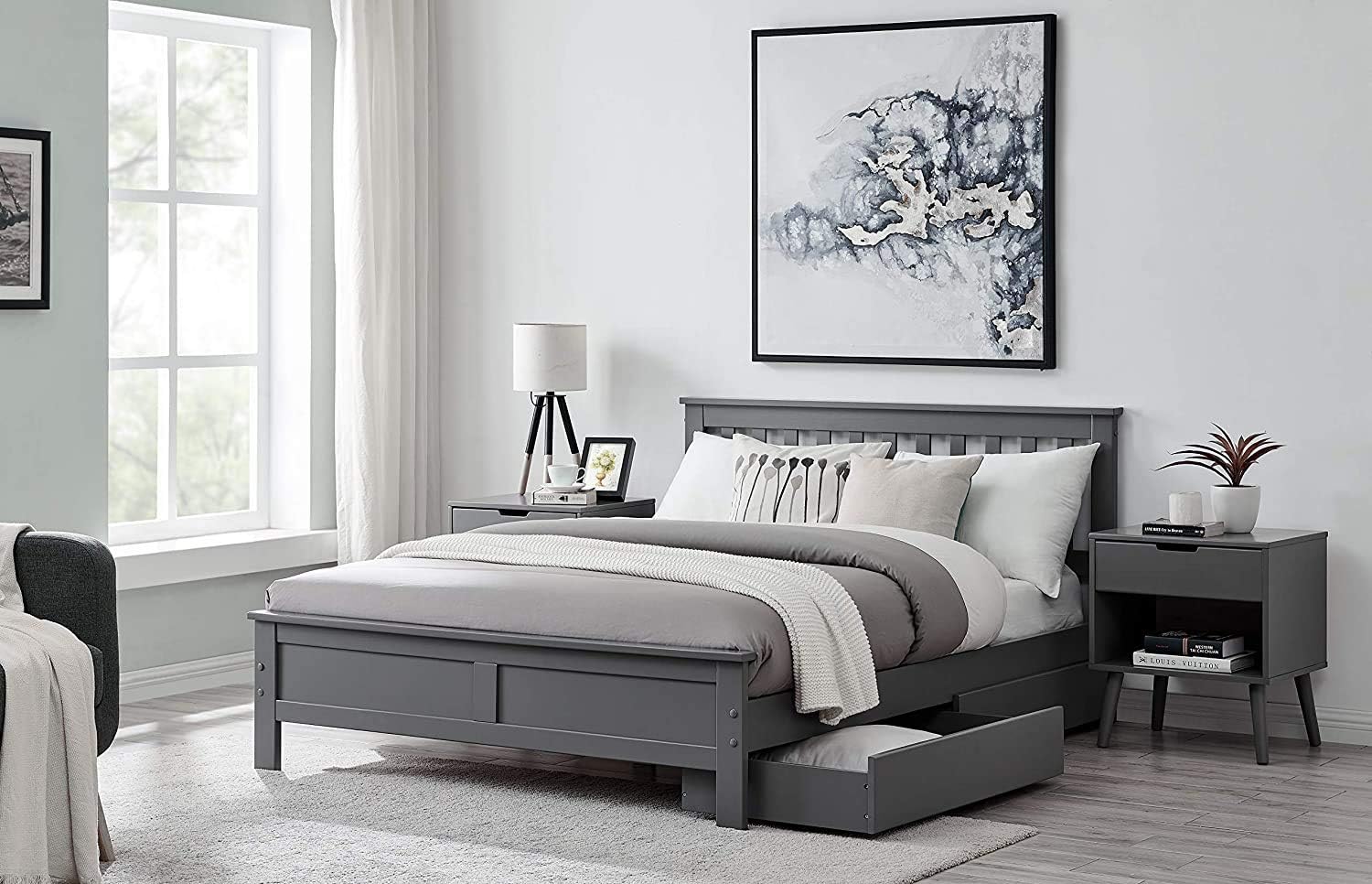 Redcong Azure Grey Wooden Solid Pine Quality Single Double King Bed Frame And Sprung Mattress (Double Bed + 4 Grey Drawers)