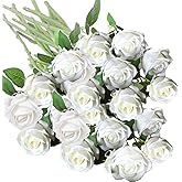 TBUY ROSE 16PCS Artificial Silk Flowers Faux Roses Bouquet Long Stem for Home Wedding Decoration Party (White)