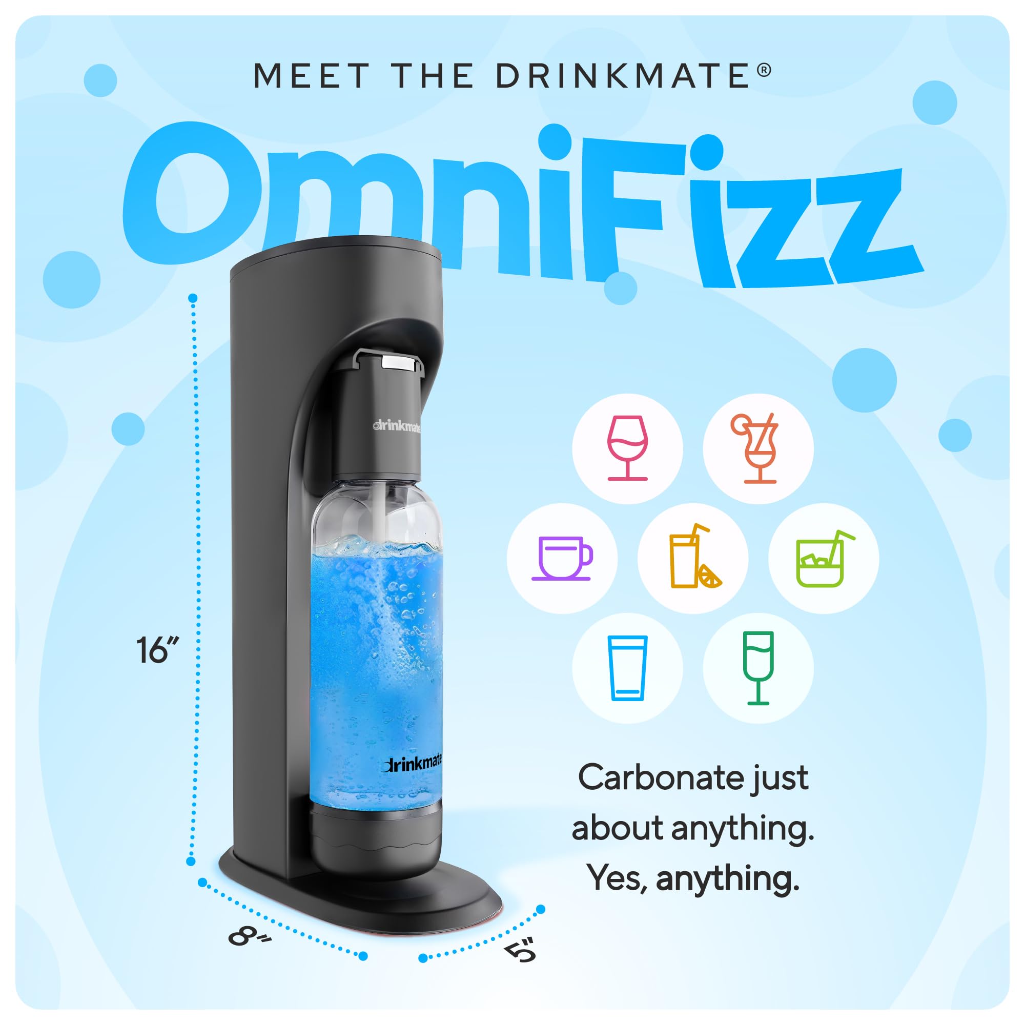 Drinkmate OmniFizz Sparkling Water and Soda Maker, Carbonates Any Drink, CO2 Cylinder Not Included (Matte Black)