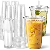 Joyeux 100 Pack 24 oz Clear Plastic Cups with Lids and Straws - Disposable Iced Coffee Cups for Matcha, Milkshakes, Smoothies