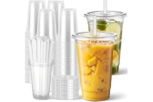 Joyeux 100 Pack 24 oz Clear Plastic Cups with Lids and Straws - Disposable Iced Coffee Cups for Matcha, Milkshakes, Smoothies