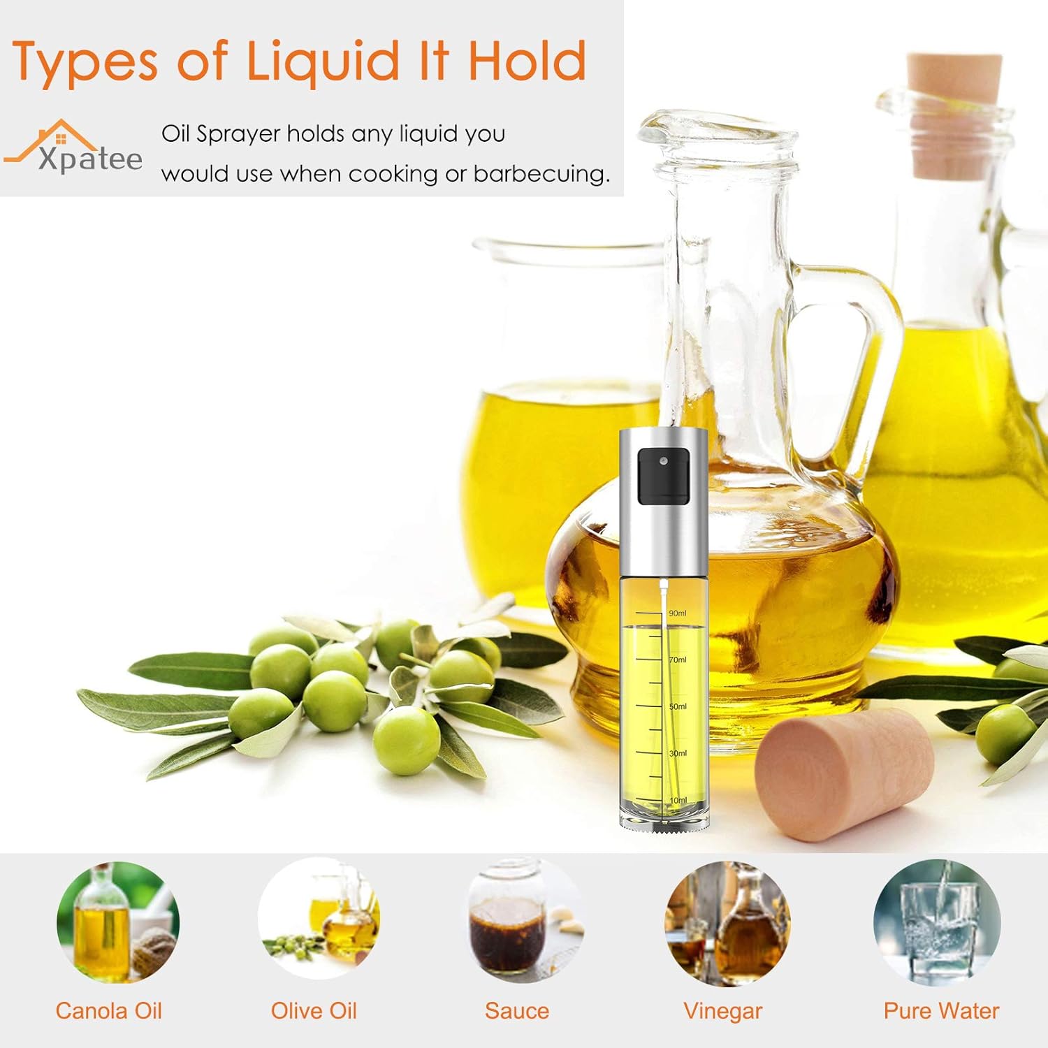 Oil Sprayer 2 Pack, Xpatee Olive Oil Sprayer Mister with Brush Funnel, 100ml Transparent Vinegar Bottle Oil Dispenser for BBQ, Making Salad, Baking, Frying Chicken: Kitchen & Dining