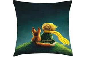 Ambesonne Fantasy Throw Pillow Cushion Cover, Design Cartoon Prince and The Fox Looking at The Sky Pattern Print, Decorative Square Accent Pillow Case, 16" X 16", Fern Green and Dark Blue