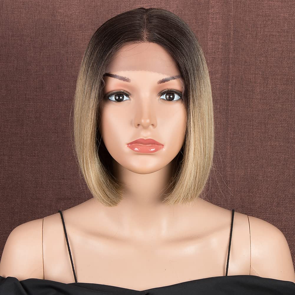 Style Icon Lace Front Wigs BOB Wigs for Black Women Synthetic Hair Straight 10 inches Middle Part Blunt Cut Heat Resistant Fibers (TT6/23C)