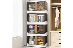 BROVIEW V6 Stackable Storage Bins with Lids, 19Gal Closet Organizers and Storage, Collapsible Plastic Storage Bins with Wheels, Folding Storage Cabinet with Doors for Closet Home Dorm, 4Pack Brown