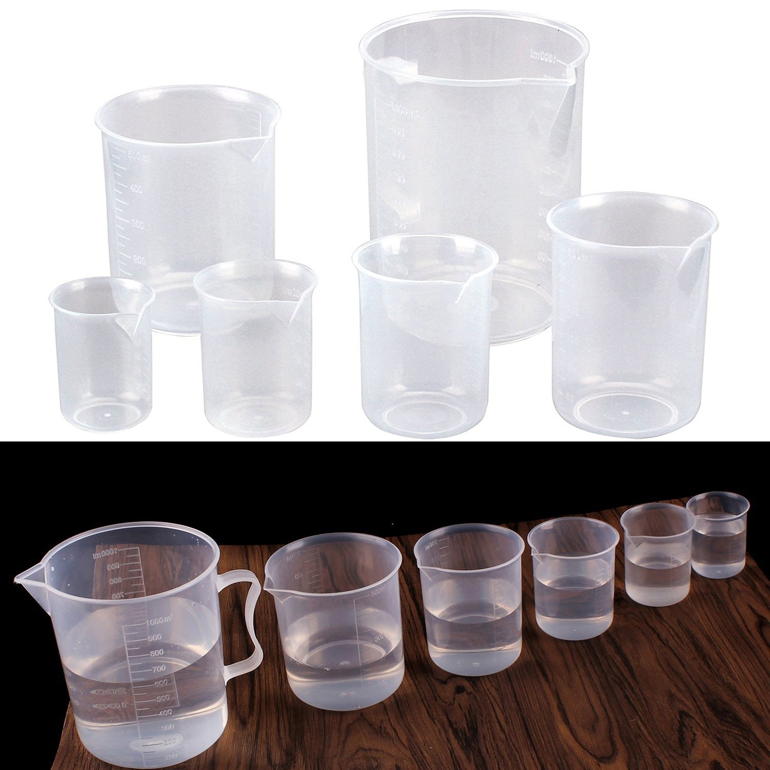 Lekeeu Plastic Measuring Jugs 6 PCS Measuring Cups Heat Resistant Plastic Jug Transparent Labs Graduated Beakers Mixing Cups Liquid Baking Cooking Measure Tool - 50ml 100ml 150ml 300ml 500ml 1000ml