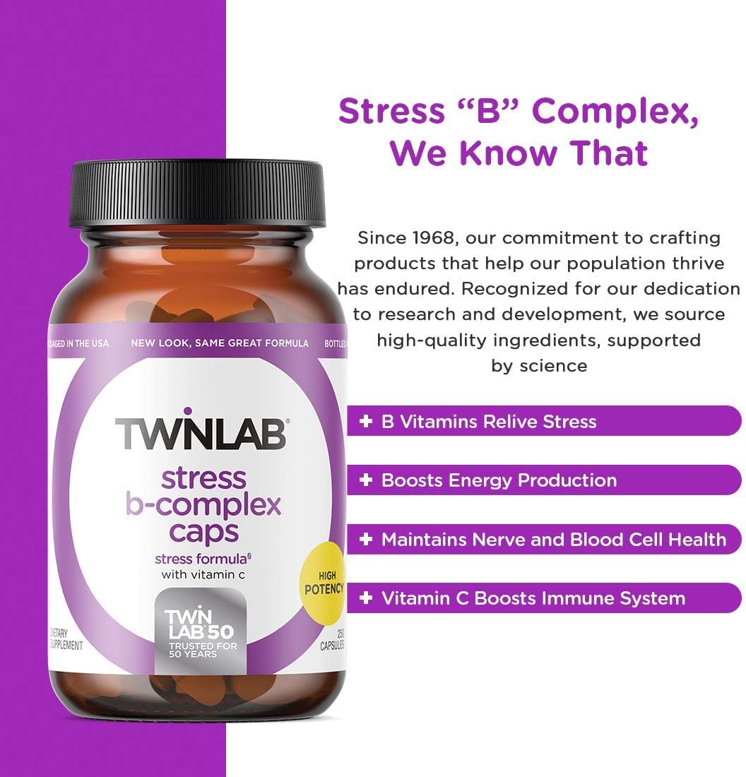 TwinLab Stress B-Complex Caps with Vitamin C - B Vitamin Energy Pills for Stress Relief & Immune Support for Men & Women - (250 Caps): Health & Personal Care
