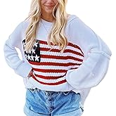 Adoeren Women American Flag Sweater Vintage Long Sleeve Crewneck Knitted Jumper Oversized Aesthetic Knit Pullover Top