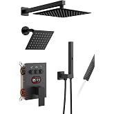 Longriver 3-Push Button Shower Faucet Set Hydro Power Temperature Display | Shower System Wall Mounted 10" &amp; 6" Shower Head with 3-Spary Handheld, Shower Fixtures with Valve and Trim Kit, Matte Black