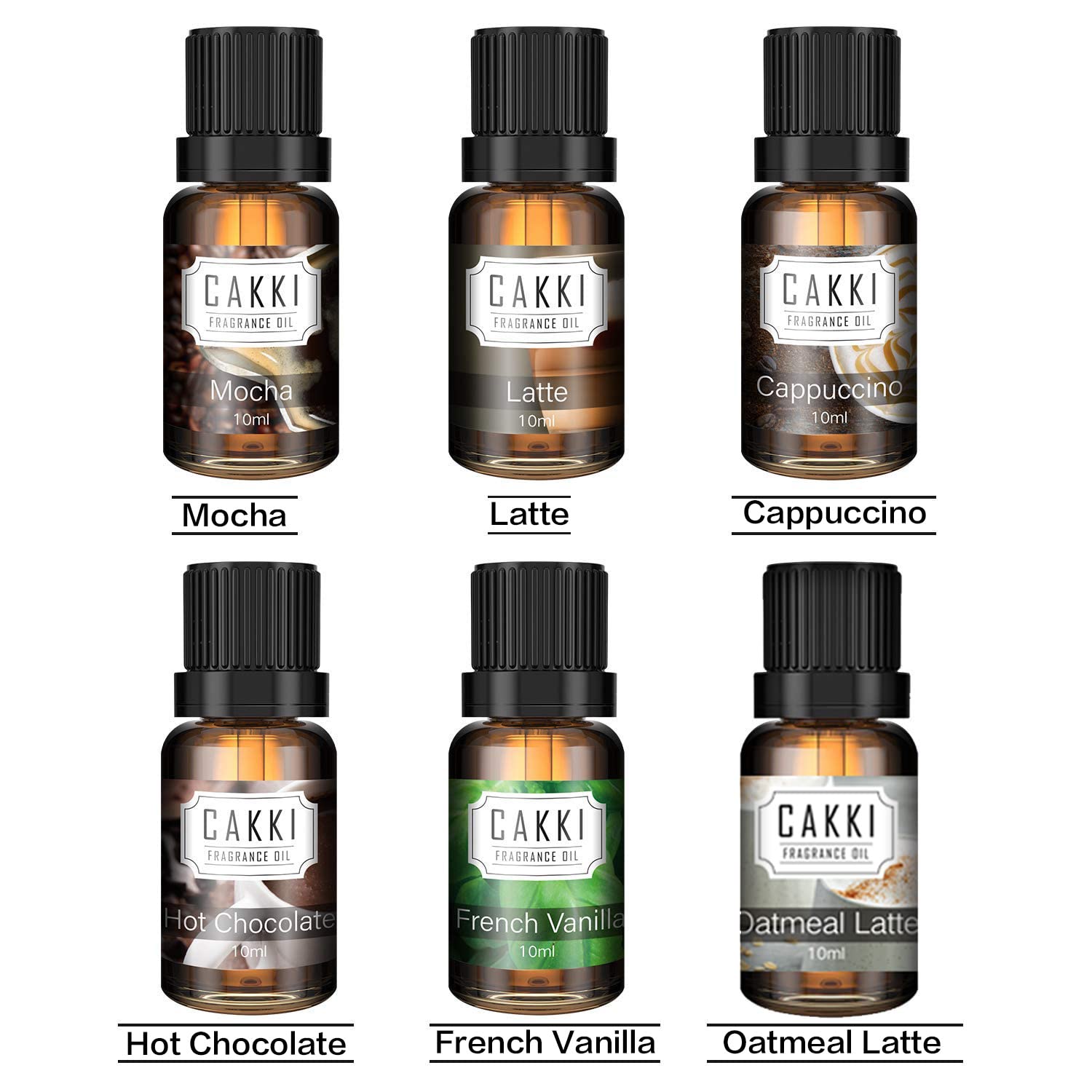 Coffee Essential Oils Set for Diffuser, 6 x10ml, Cakki Fragrance Oils Gift Set with Mocha, Latte, Cappuccino, Hot Chocolate, Vanilla, Oatmeal Latte. for Candle Making