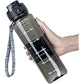 OLDLEY 32 oz Water Bottle, Motivational Water Bottle with Time Marker, Sports Water Bottle With Strap, Leakproof & BPA Free Large Water Bottles for School, Gym, Travel,Tritan, Transparent Black