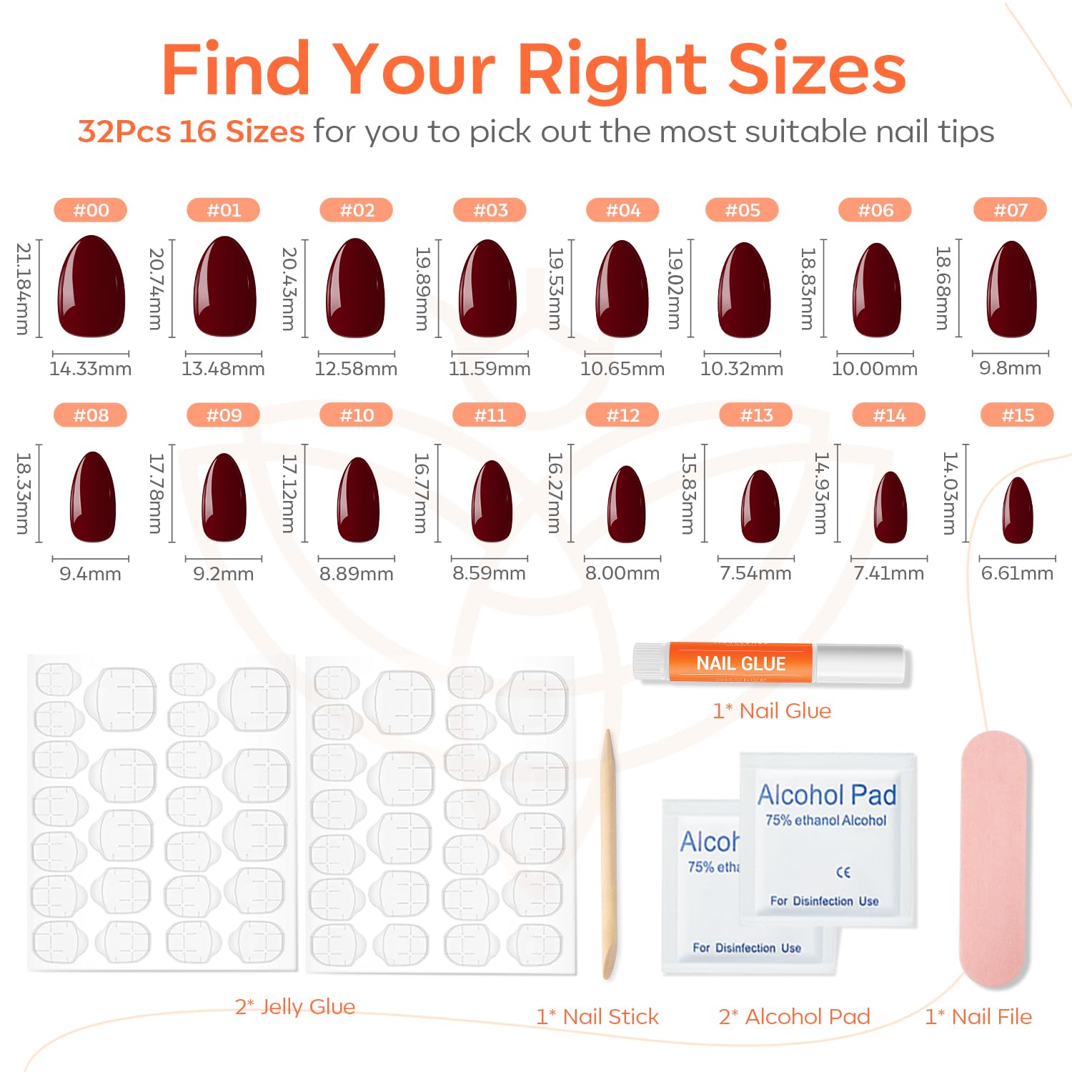 Modelones Press on Nails Almond, Wine Red Short Almond Fake Nails, Reusable Nail Kit with Nail Glue Adhesive Tabs Mini Nail File, Nails Press Ons 32Pcs16 Sizes, Women Girl Gift - Image 4