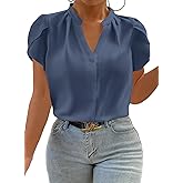 Eytino Women Plus Size Shirts Summer V Neck Petal Sleeve Business Work Dressy Blouse Tops(1X-5X)