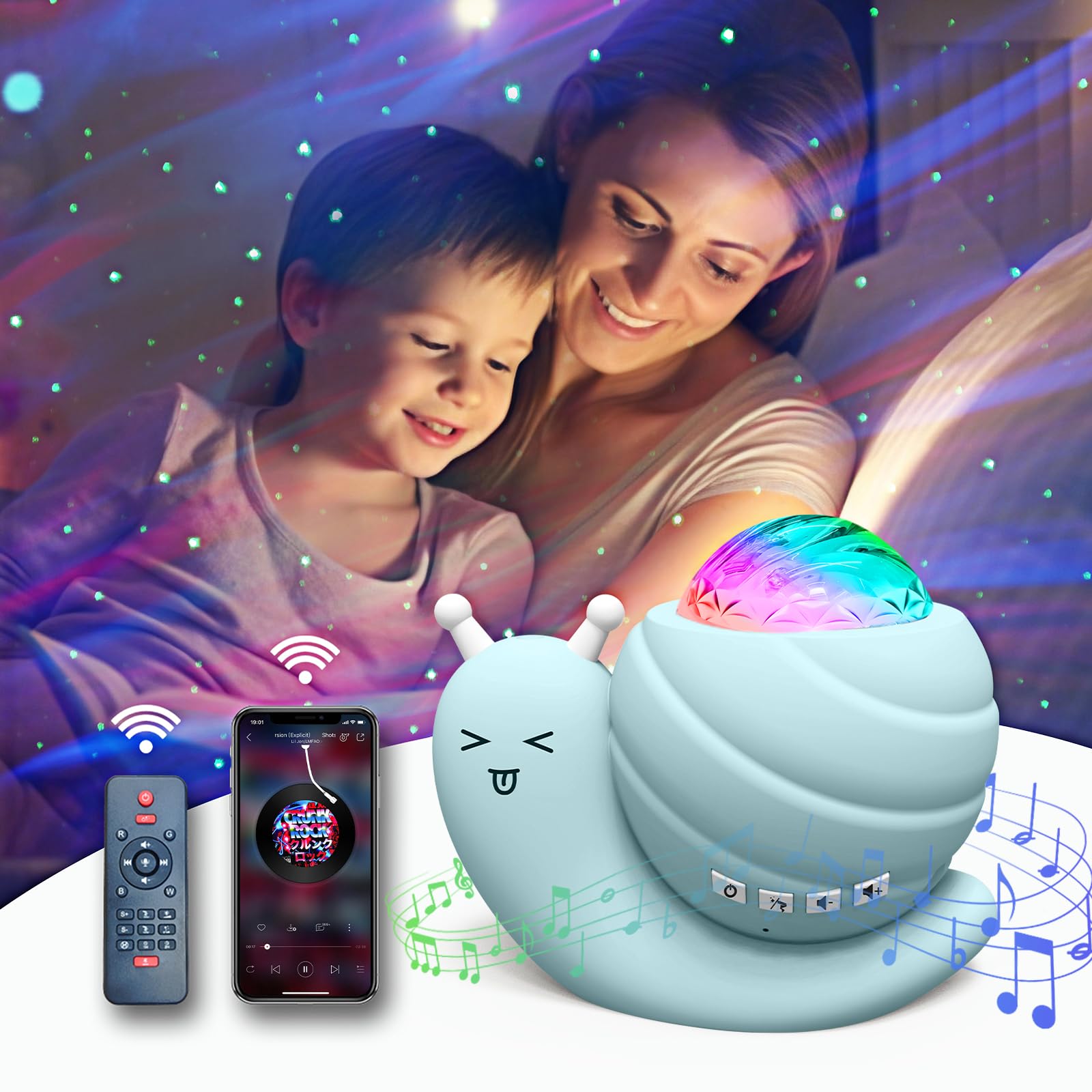Mycket Star Projector Night Light, 4 in 1 Aurora Galaxy Projector Lights, Snail Kids Night Lights for Bedroom with Remote/Music Bluetooth Speaker/Colors Changing/Timer Fuction for Kids Adults Gifts