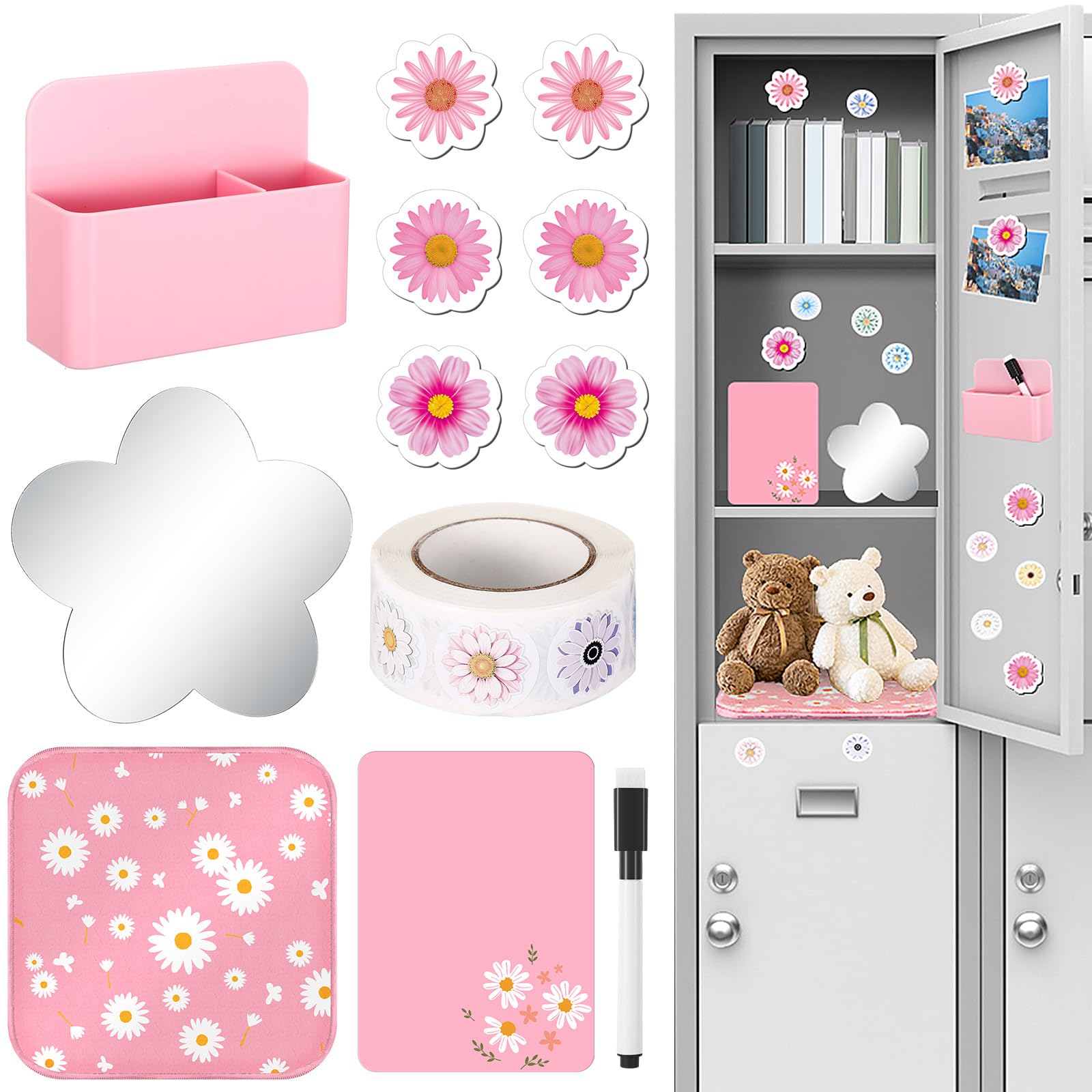 Photo 1 of Wonderjune 12 Pcs Magnetic Locker Accessories Include Locker Organizer Pen Holder Preppy Stickers Mirror Faux Fur Rug Whiteboard Marker Magnet, Back to School Essentials(Pink Daisy)