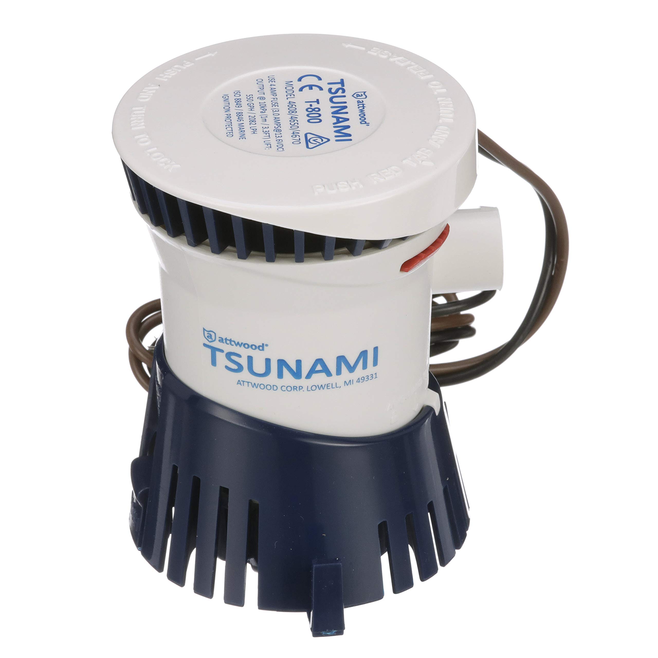 attwood Boating Accessories 4608-7 Tsunami T800 Bilge Pump, 800 GPH, 12-Volt, Barbed ¾-Inch Diameter Outlet, 29-Inch Wire