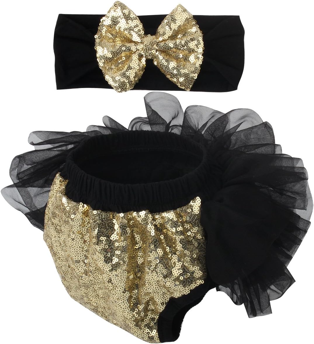 Slowera Baby Girls 2PCS Sets Cotton Tulle Sequins Diaper Cover Bloomers and Headband