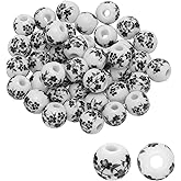 PATIKIL 50 Pcs Ceramic Beads for Jewelry Making, 10mm Flower Printed Round Porcelain Beads Handmade Glazing Beading Supplies for Earring Necklace Bracelets DIY Crafts, Black Floral