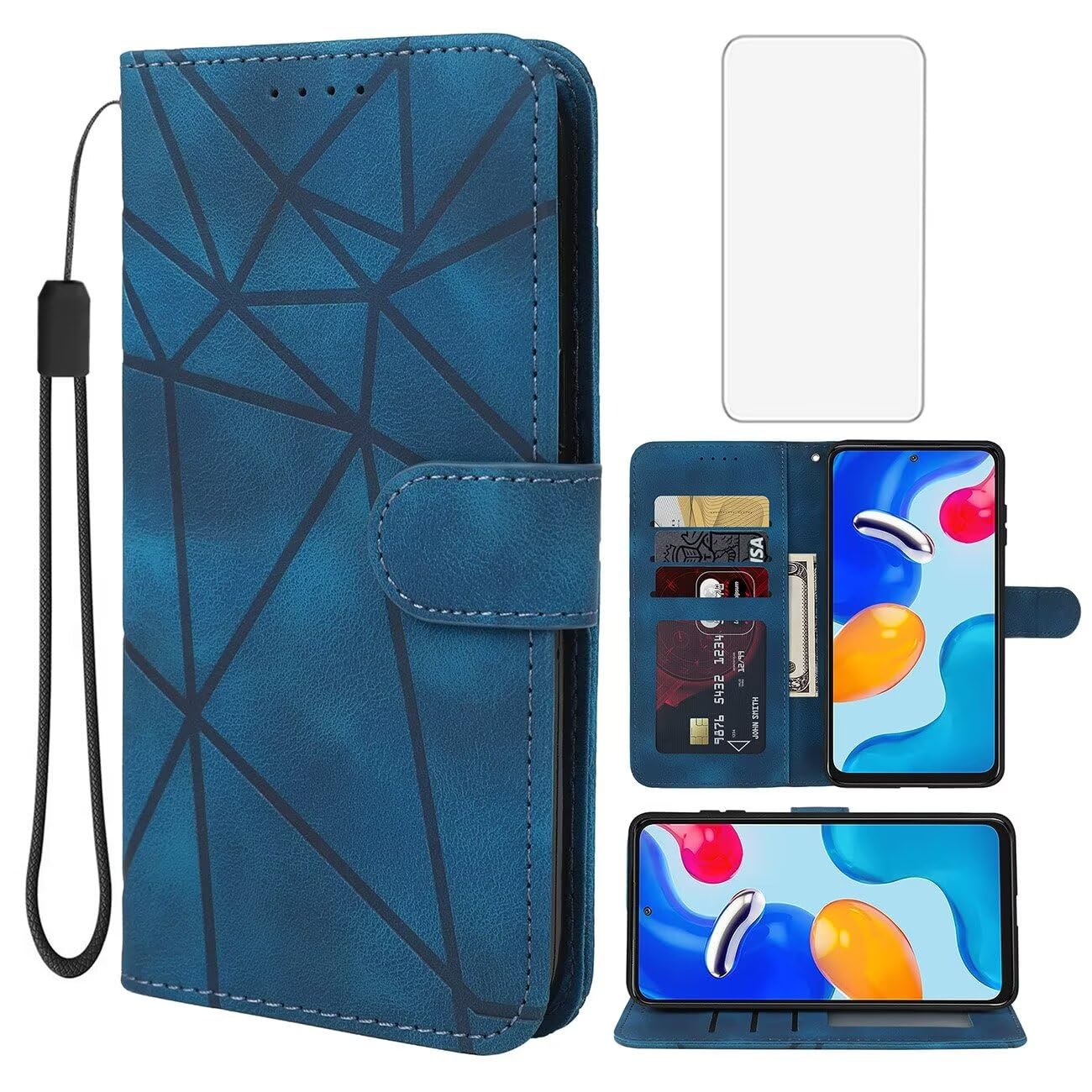 Wanyuexes Case for Redmi Note 11 4G 2022 Case, Redmi Note 11S Wallet Case with Tempered Glass Screen Protector, Leather Flip Credit Card Holder Stand Phone Cover for Xiaomi Redmi Note 11 4G Blue