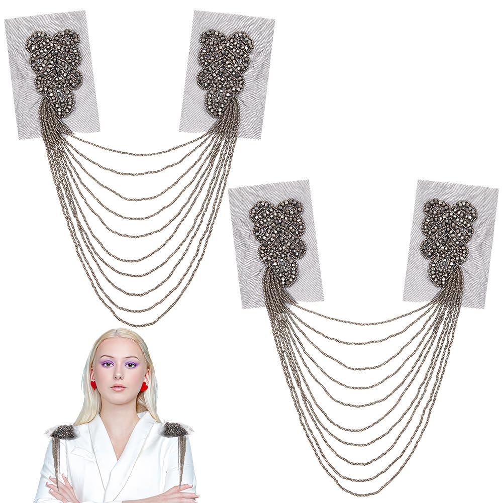 WEBEEDY Beads Leaves Tassels Patches Handmade Rhinestone Shoulder Applique Collar Patches Badge Fringe Shoulder Badge Fringe Shoulder Pieces Costume Uniform Accessories for Men and Women