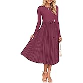 ZESICA Women's Fall Long Sleeve Midi Dress 2025 Casual Crewneck Knit Belted Pleated A Line Flowy Party Dresses