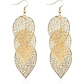 QIAOLEHUI Lightweight Bohemian Boho Filigree Leaf Chandelier Dangle Earrings for Women Handcrafted Gold Plated Earring