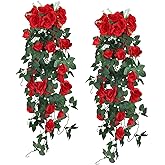 RECUTMS Hanging Flowers Artificial Plants 2PCS 3.3Ft Rose Vine Flower for Home Room Garden Wedding Indoor Outdoor Decoration Valentine Rose Decor Gift (Red)