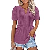 TICTICMISS Women's Pleated V Neck T Shirts Puff Short Sleeve Tops Henley Business Casual Summer Blouses