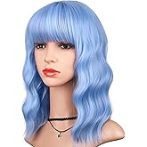 HAIRUP Light Blue Wig with Bangs for Women, Short Wavy Curly Bob Wig Pastel Blue Wigs 14 Inch Shoulder Length Colored Wig Party Cosplay Halloween Wigs