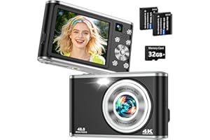 4K Digital Camera for Photography 48MP Dual Lens Autofocus 16X Zoom, Black | Compact with Anti-Shake, Flash, 2.8" Screen, Vlogging Camera for YouTube Travel Selfies, Beginners, 32GB Card, 2 Batteries
