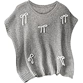 OYOANGLE Women's Plus Size Bow Cap Sleeve Sweater Tank Top Loose Crewneck Lightweight Knit Pullover Tops