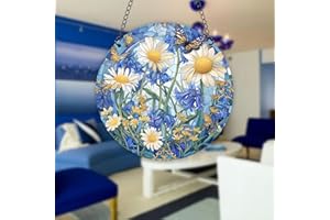 HOTIYOK Daisy Flower Stained Glass Window Hanging Butterfly Floral Home Decoration Memorial Housewarming Gift for Women Mom Grandma Teacher